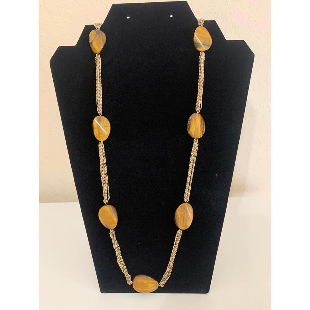 Vintage Tiger’s Eye Gemstone Necklace Gold Tone Chain 36" Long Strand 1970s